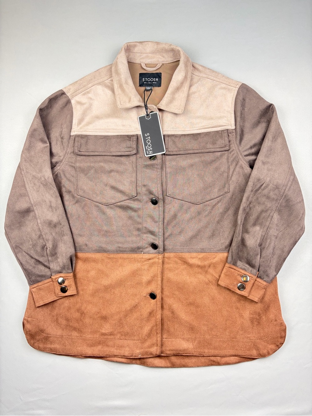 NWT Stoosh Colorblock Faux Suede Shacket Jacket Tan Brown Beige Women's Size L